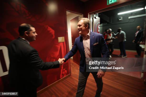 Jed York and Co-Chairman John York of the San Francisco 49ers in the locker room after the game against the New Orleans Saints at Levi's Stadium on...