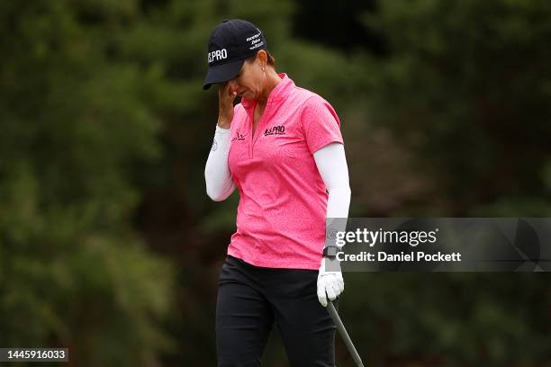 Karrie Webb of Australia reacts after playing a shot during Day 1 of the 2022 ISPS HANDA Australian Open at Victoria Golf Club December 01, 2022 in...