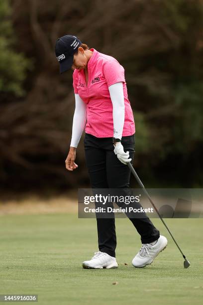 Karrie Webb of Australia reacts after playing a shot during Day 1 of the 2022 ISPS HANDA Australian Open at Victoria Golf Club December 01, 2022 in...