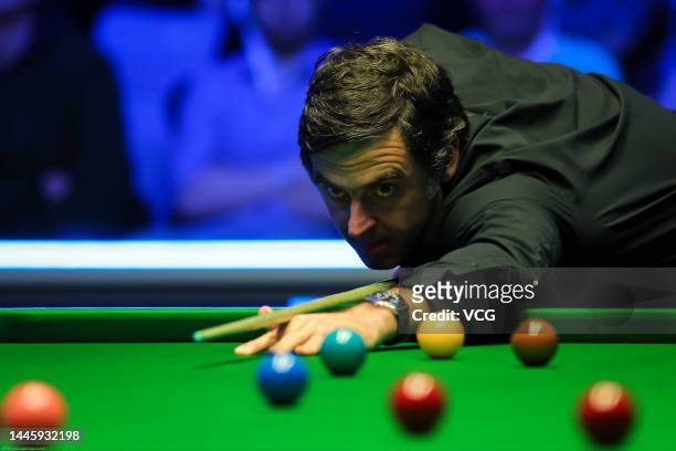Ronnie O'Sullivan of England plays a shot during the second round match against Gary Wilson of England on day three of the 2022 BetVictor Scottish...
