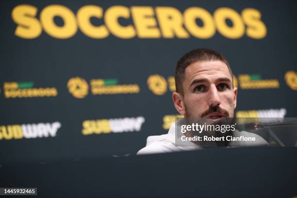 Milos Degenek of Australia speaks to the media during the Australia Media Session at Aspire Training Centre on December 01, 2022 in Doha, Qatar.