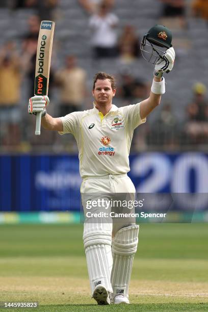 Steve Smith of Australia celebrates scoring a double century during day two of the First Test match between Australia and the West Indies at Optus...