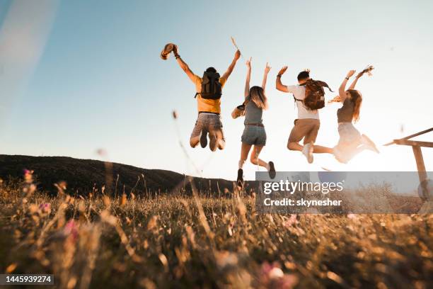 vista trasera de amigos despreocupados saltando juntos en la naturaleza. - actividad fotografías e imágenes de stock