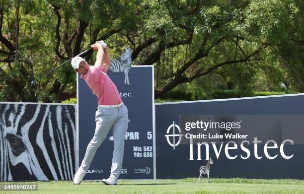 Jeremy Freiburghaus of Switzerland tees off on the first hole during Day One of the Investec South African Open Championship at Blair Atholl Golf &...