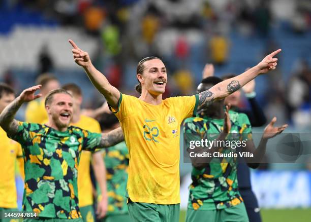 Jackson Irvine of Australia celebrates after the 1-0 win during the during the FIFA World Cup Qatar 2022 Group D match between Australia and Denmark...