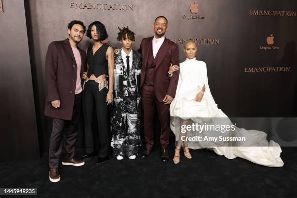 Trey Smith, Willow Smith, Jaden Smith, Will Smith, and Jada Pinkett Smith attend the premiere of Apple Original Films' "Emancipation" at Regency...