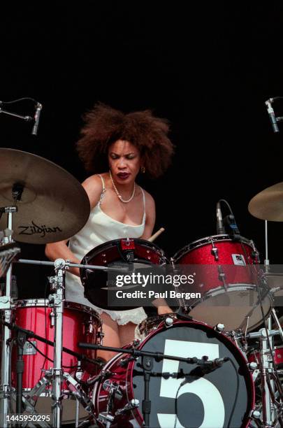 Cindy Blackman, drummer with Lenny Kravitz performs at Rock Werchter festival, Werchter, Belgium 4th July 1999. .