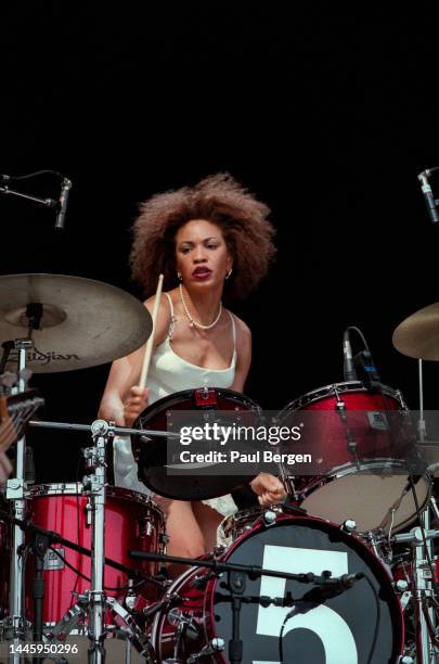 Cindy Blackman, drummer with Lenny Kravitz performs at Rock Werchter festival, Werchter, Belgium 4th July 1999. .