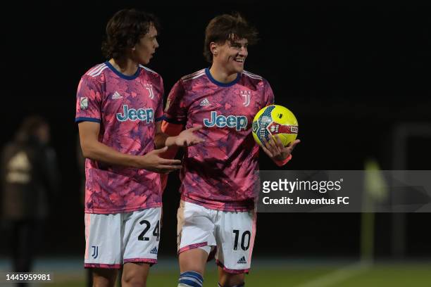 Mattia Compagnon of Juventus Next Gen speaks with his teammate Martin Palumbo during the Serie C match between Feralpisalo and Juventus Next Gen at...