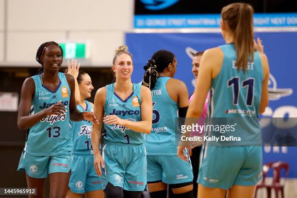 Rebecca Cole of the Flyers and Nyadiew Pouch of the Flyers celebrate during the round four WNBL match between Southside Flyers and Sydney Flames at...