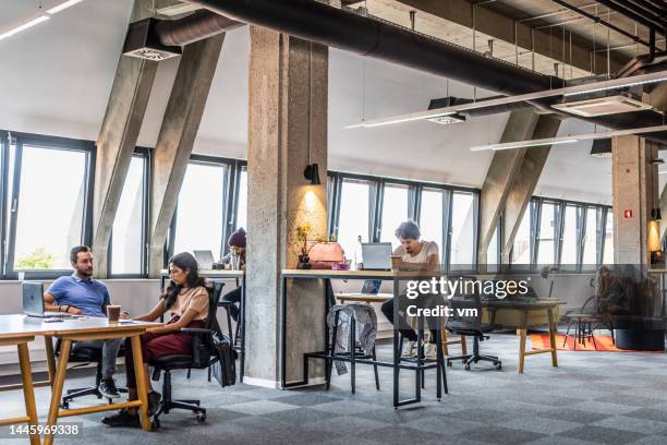 entrepreneurs working in their own business office - coworking stock pictures, royalty-free photos & images