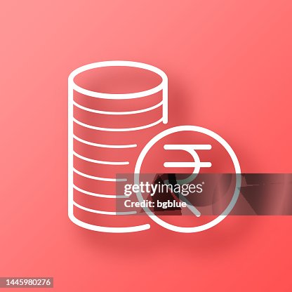 Indian rupee coins stack. Icon on Red background with shadow Indian rupee coins stack. Icon on Red background with shadow