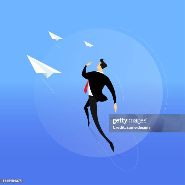 businessman running with paper plane - space probe stock illustrations