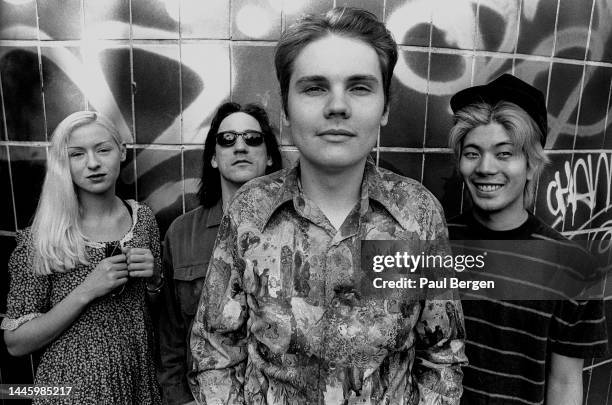 Left to right D'Arcy Wretzky , Jimmy Chamberlin , Billy Corgan and James Iha of American rock band Smashing Pumpkins, Amsterdam, Netherlands 1st July...