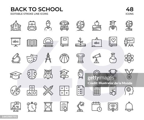 back to school vector line icon set. bearbeitbare kontur, pixelgenaue schwarze liniensymbole. dieses icon-set enthält symbole wie schulgebäude, lehrer, buch, schüler, rucksack usw. - homework stock-grafiken, -clipart, -cartoons und -symbole