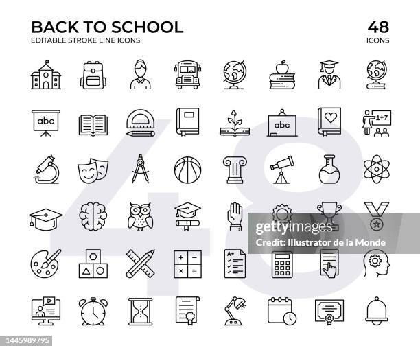 back to school vector line icon set. editable stroke, pixel perfect black line icons. this icon set contains such icons as school building, teacher, book, student, backpack and so on - lecture hall stock illustrations