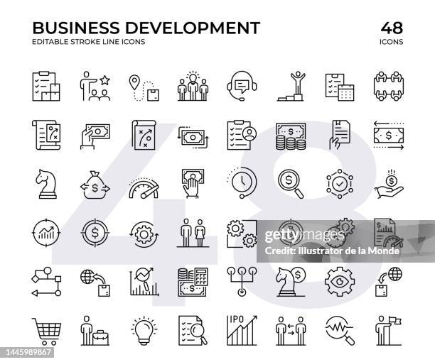 business development vector line icon set. editable stroke, pixel perfect black line icons. this icon set consists of human resources, finance, business meeting, cash flow, efficiency, business network, expenses and so on - erp stock illustrations