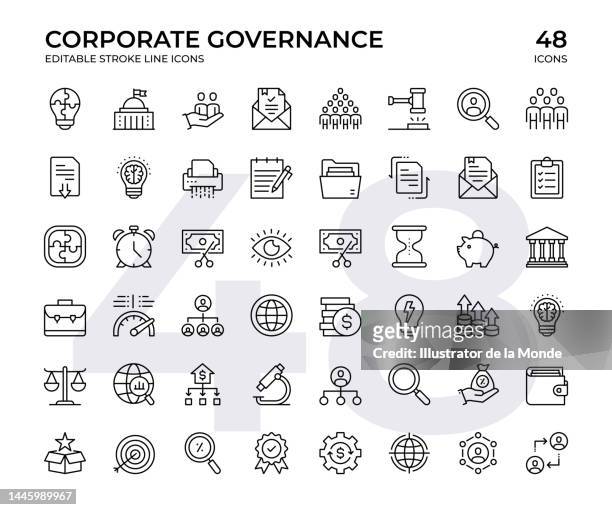 corporate governance vektorlinie symbolsatz. dieses icon-set besteht aus regierungsgebäude, compliance, recht, verfahren usw. - unternehmen stock-grafiken, -clipart, -cartoons und -symbole
