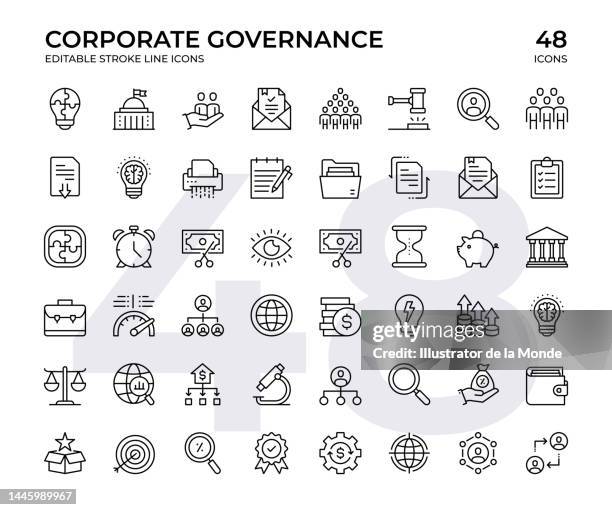 ilustrações, clipart, desenhos animados e ícones de conjunto de ícones de linha vetorial de governança corporativa. este conjunto de ícones consiste em construção do governo, conformidade, lei, procedimento e assim por diante - acorde