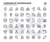 Corporate Governance Vector Line Icon Set. This Icon set consists of Government Building, Compliance, Law, Procedure, and so on