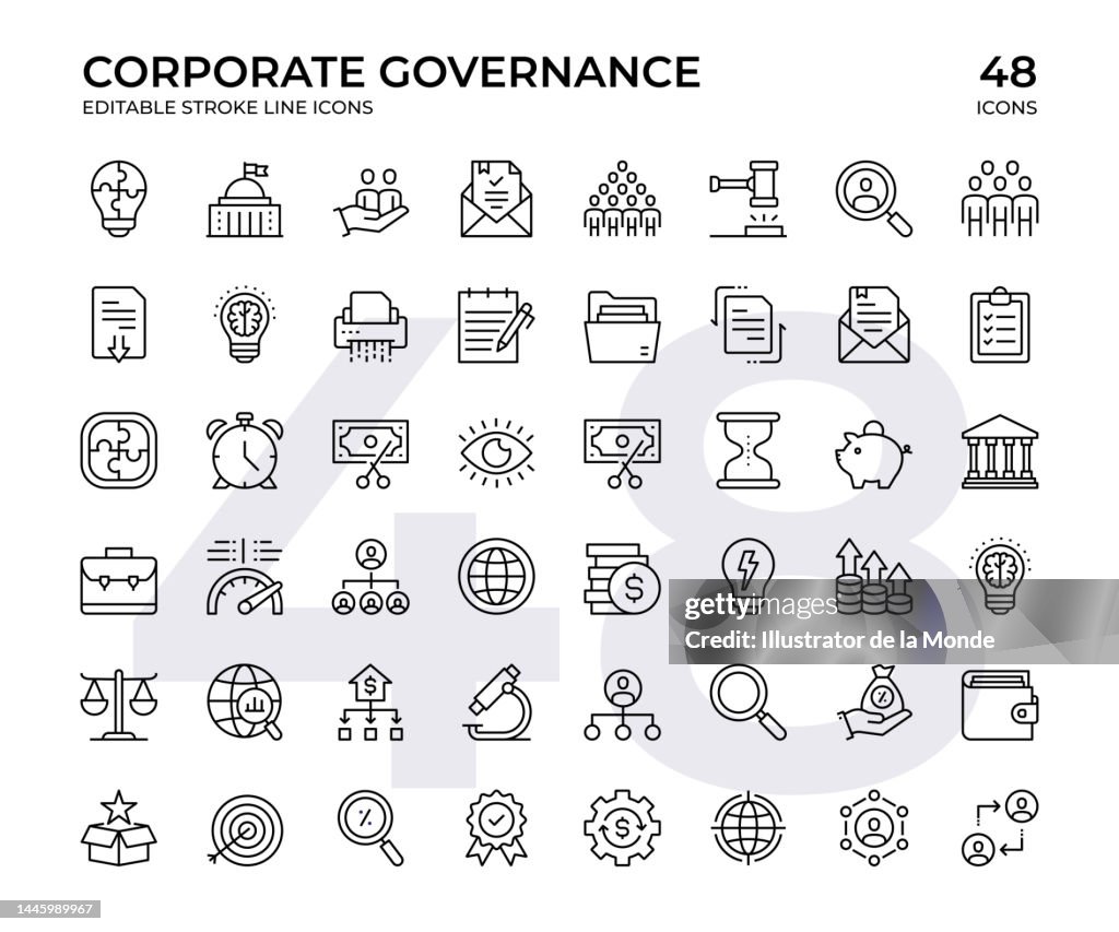 Corporate Governance Vector Line Icon Set. This Icon set consists of Government Building, Compliance, Law, Procedure, and so on