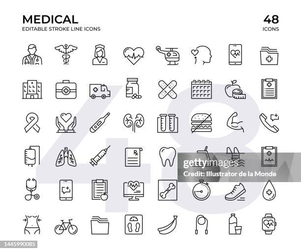 medizinischer vektorlinien-symbolsatz. dieses icon-set besteht aus arzt, krankenschwester, krankenhaus, krankenwagen, medizinischem bericht, caduceus und so weiter - hermesstab stock-grafiken, -clipart, -cartoons und -symbole
