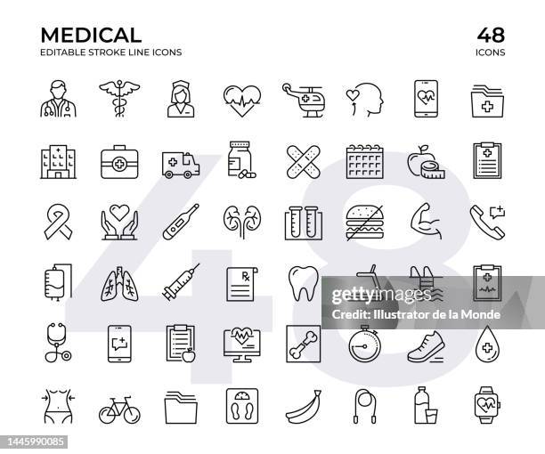 stockillustraties, clipart, cartoons en iconen met medical vector line icon set. this icon set consists of doctor, nurse, hospital, ambulance, medical report, caduceus and so on - traumahelikopter