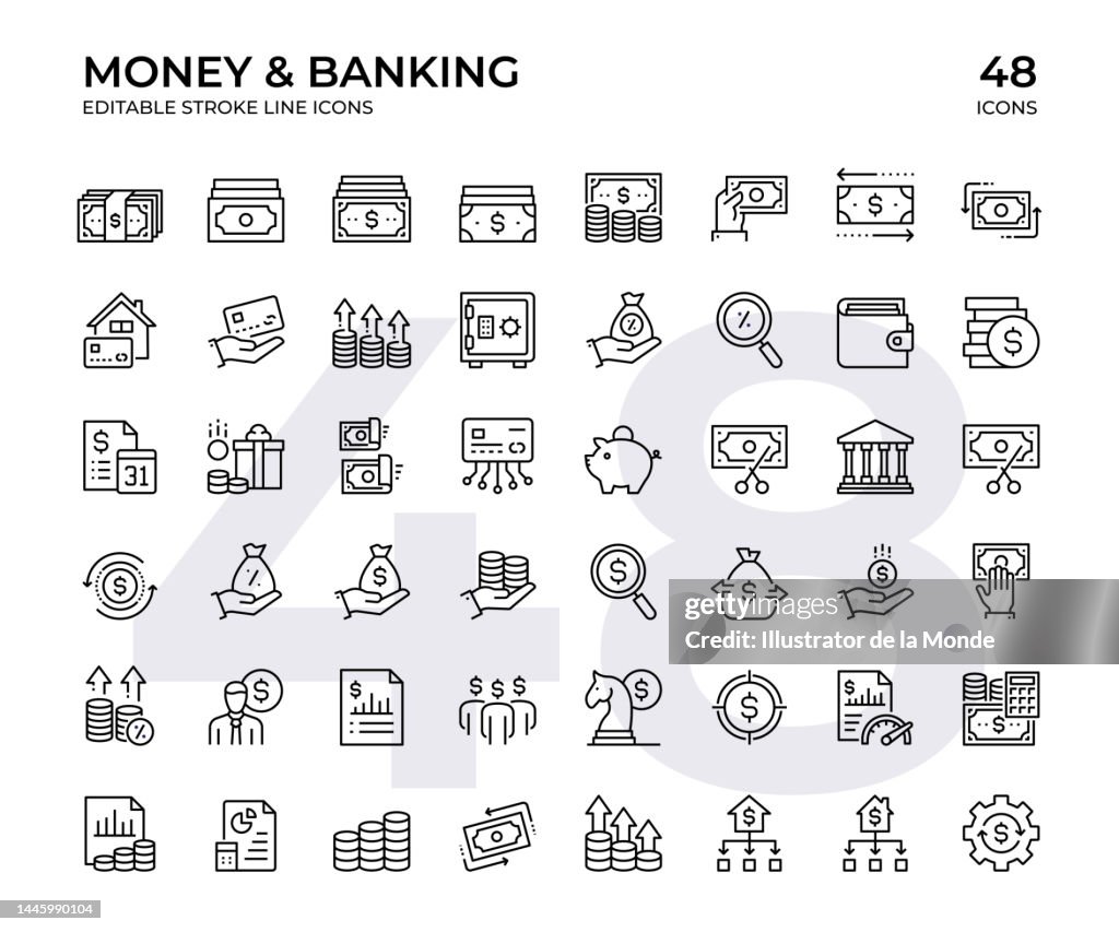 Money And Banking Vector Line Icon Set. This Icon set consists of Money, Coin, Cash Flow, Expense, Income, Revenue, Wallet and so on