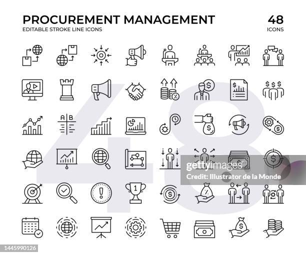 vektorlinien-symbolsatz für das beschaffungsmanagement. dieses icon-set besteht aus geschäftsstrategie, kapitalanlage, marktforschung, fließband, export, geldfluss und so weiter - lagermitarbeiter stock-grafiken, -clipart, -cartoons und -symbole