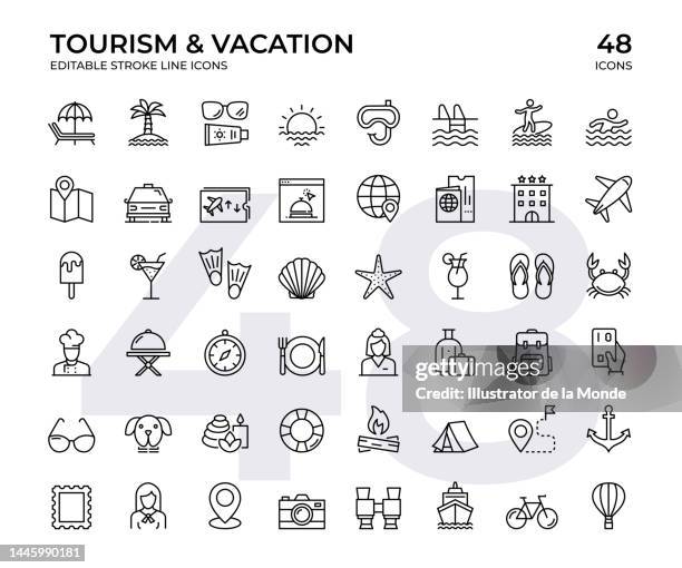 ilustraciones, imágenes clip art, dibujos animados e iconos de stock de conjunto de iconos de líneas vectoriales de turismo y vacaciones. este conjunto de iconos consta de puesta de sol, piscina, surf, spa, hotel, boleto de avión, destinos de viaje, etc. - vacaciones viaje