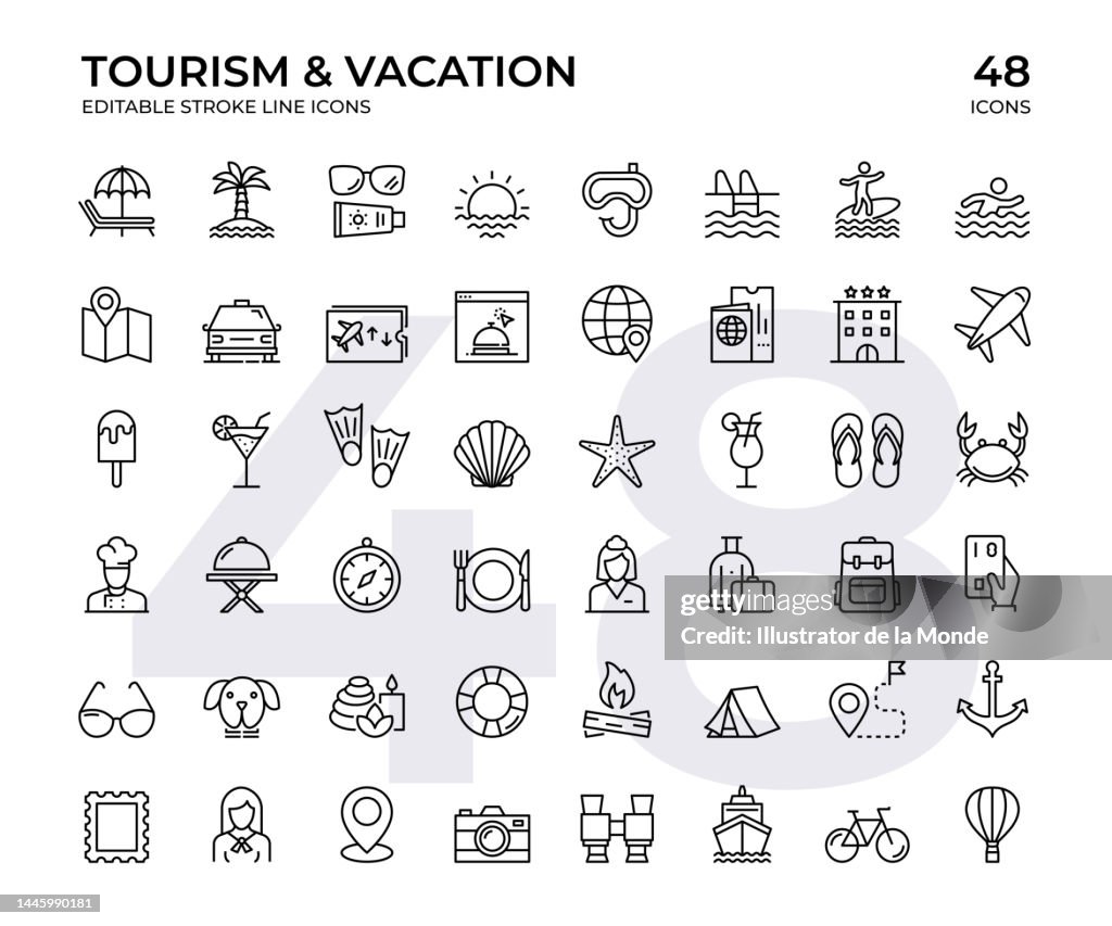 Jeu d’icônes de ligne vectorielle Tourisme et vacances. Cet ensemble d’icônes comprend le coucher du soleil, la piscine, le surf, le spa, l’hôtel, le billet d’avion, les destinations de voyage, etc.