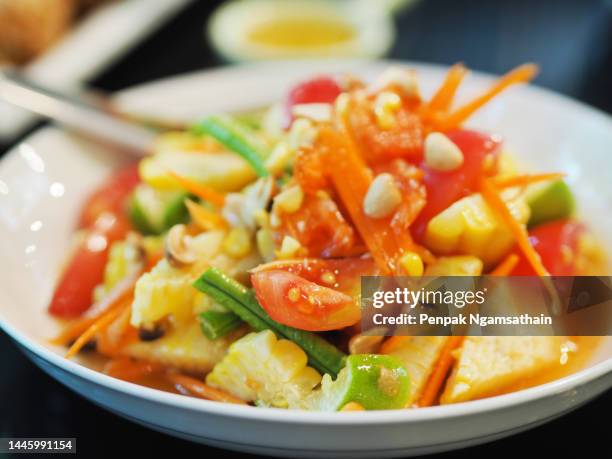 spicy corn salad with shrimp in white plate - sauce tomate stock pictures, royalty-free photos & images