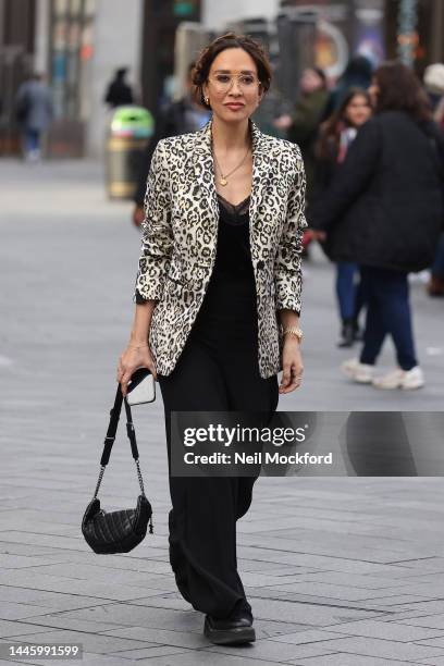 Myleene Klass seen arriving at Smooth Radio Studios on December 01, 2022 in London, England.