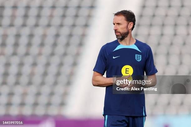 Gareth Southgate, Head Coach of England, looks on during the England Training Session at Al Wakrah Stadium on December 01, 2022 in Doha, Qatar.