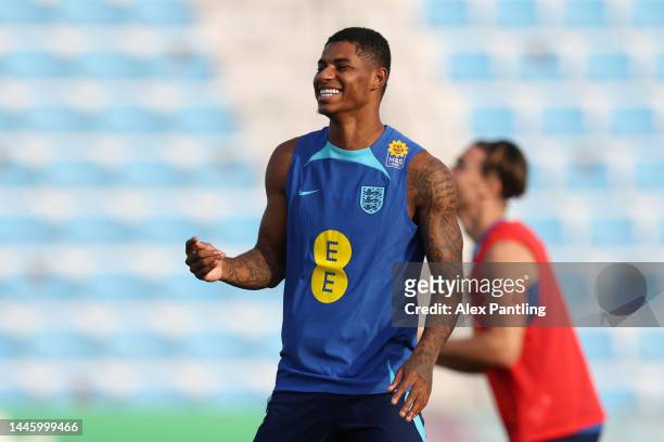 Marcus Rashford of England reacts during the England Training Session at Al Wakrah Stadium on December 01, 2022 in Doha, Qatar.