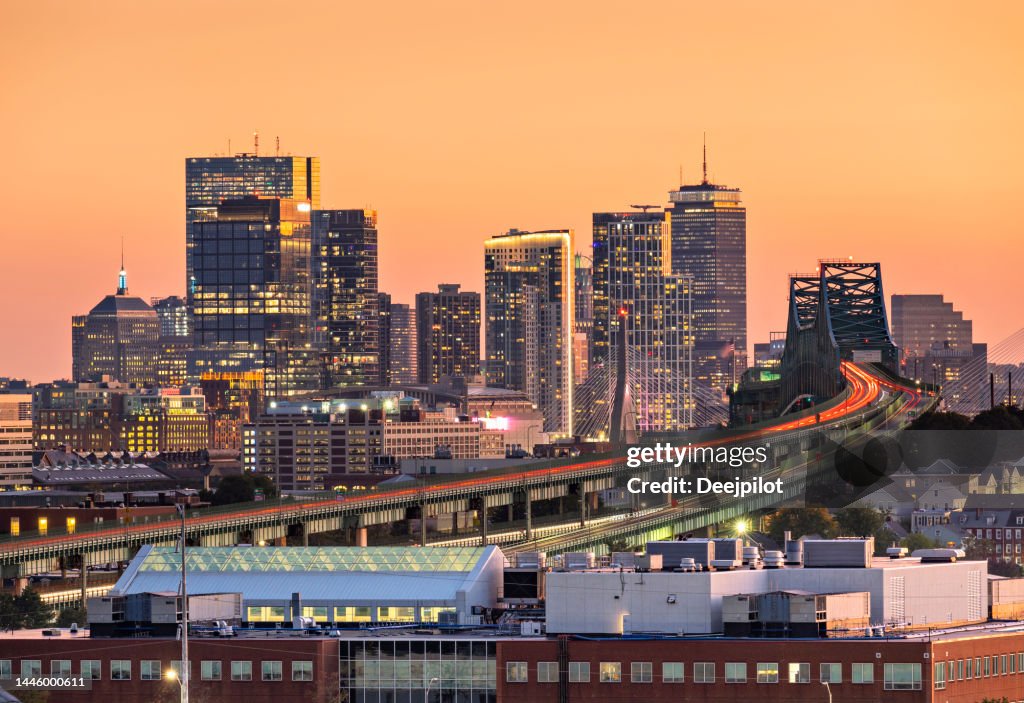 Warm Sunset Glow over the Downtown Boston City Skyline at Twilight, Massachusetts, USA
