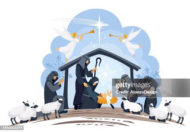 bildbanksillustrationer, clip art samt tecknat material och ikoner med birth of christ. nativity scene. christmas scene and shepherds. - julkrubba