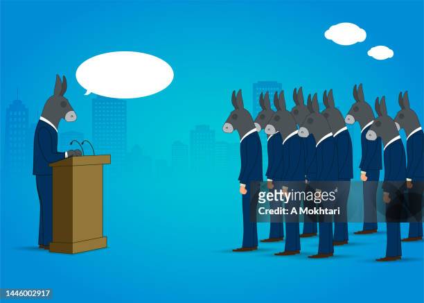stockillustraties, clipart, cartoons en iconen met speaking to the public in a lectern, debate, and discussion between donkeys. - press conference democratic party