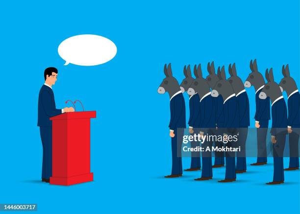 stockillustraties, clipart, cartoons en iconen met talking to a crowd, a group of donkeys. - press conference democratic party