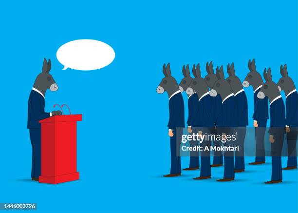 stockillustraties, clipart, cartoons en iconen met talking to a crowd, a group of donkeys. - press conference democratic party