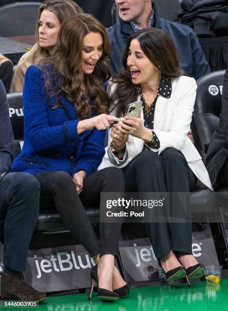 Catherine, Princess of Wales and Emilia Fazzalari, wife of Celtics owner Wyc Grousbeck, watch the NBA basketball game between the Boston Celtics and...