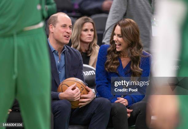 Prince William, Prince of Wales and Catherine, Princess of Wales, watch the NBA basketball game between the Boston Celtics and the Miami Heat at TD...