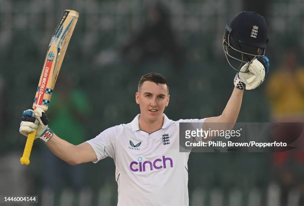 Harry Brook of England celebrates reaching his century during the first day of the first Test between Pakistan and England at Rawalpindi Cricket...