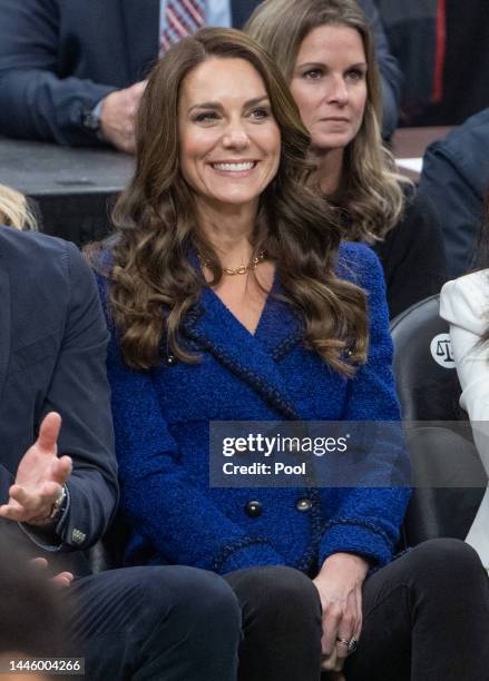 Catherine, Princess of Wales watches the NBA basketball game between the Boston Celtics and the Miami Heat at TD Garden on November 30, 2022 in...