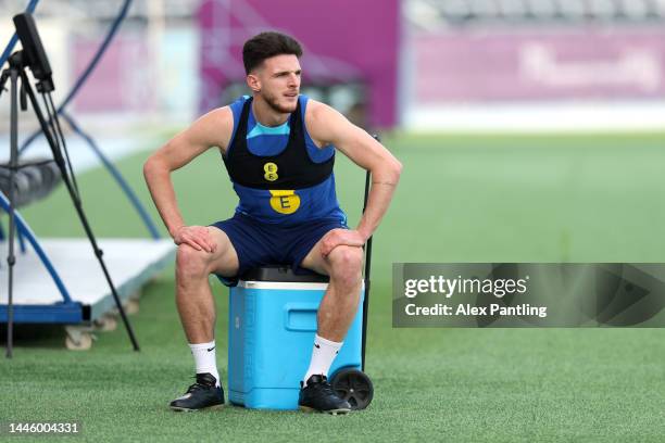 Declan Rice of England looks on during the England Training Session at Al Wakrah Stadium on December 01, 2022 in Doha, Qatar.