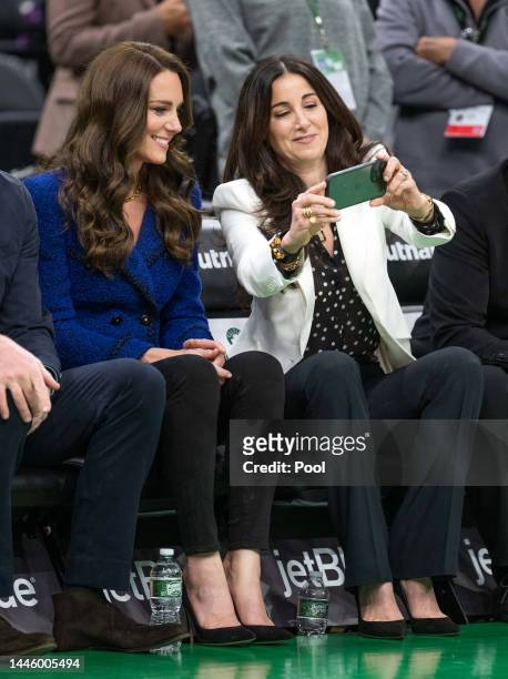 Catherine, Princess of Wales and Emilia Fazzalari, wife of Celtics owner Wyc Grousbeck, watch the NBA basketball game between the Boston Celtics and...