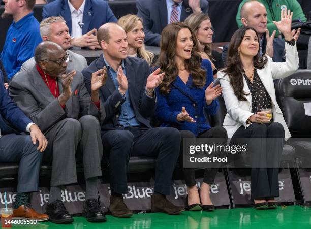 Prince William, Prince of Wales and Catherine, Princess of Wales, watch the NBA basketball game between the Boston Celtics and the Miami Heat at TD...