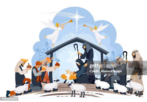 ilustrações, clipart, desenhos animados e ícones de noite santa. noite de natal. nascimento de jesus. três sábios. pastor. presépio. - manger