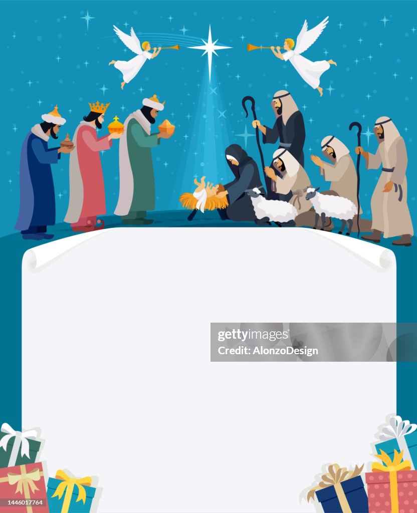 The Birth of Christ. Holy Night. Christmas Nativity Scene. Paper Scroll.