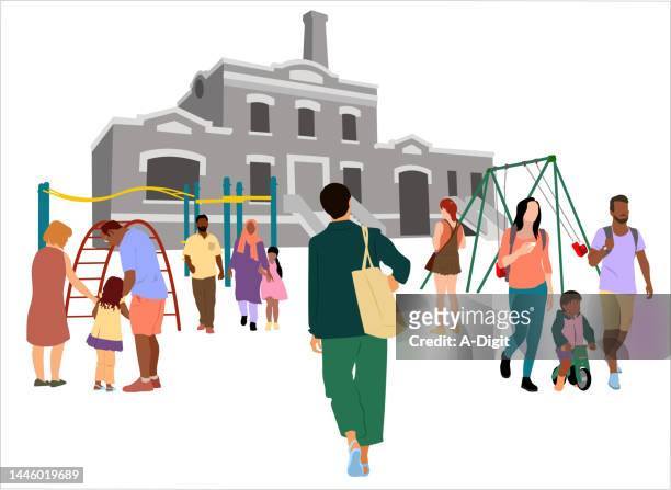 school playground teacher's first day back green - education stock illustrations
